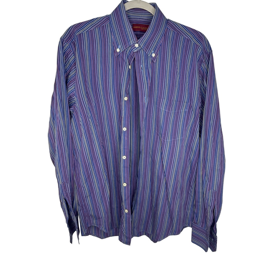 Mario Caldi Mens Button Down Shirt Blue‎ Purple Stripe Long Sleeve Size M Italy